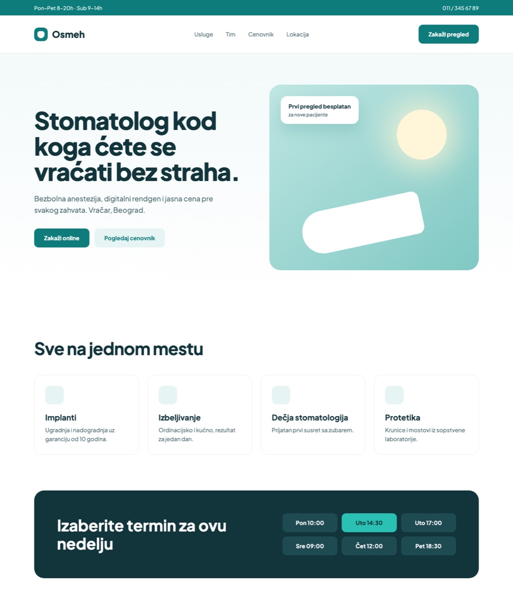 Landing stranica stomatološke ordinacije Osmeh iz Beograda
